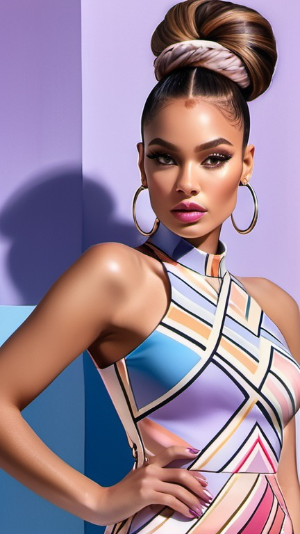 Prompt: professional fashion illustration portrait, glam designer bodycon dress with graphic patterns, hair buns, chiseled face, natural freckles, voguish, hyper-realism, lilac blue pink cream orange gold deep clear gradient colors, cinematic, atmospheric perspective, dynamic angle view, high contrast, highly detailed, crisp,