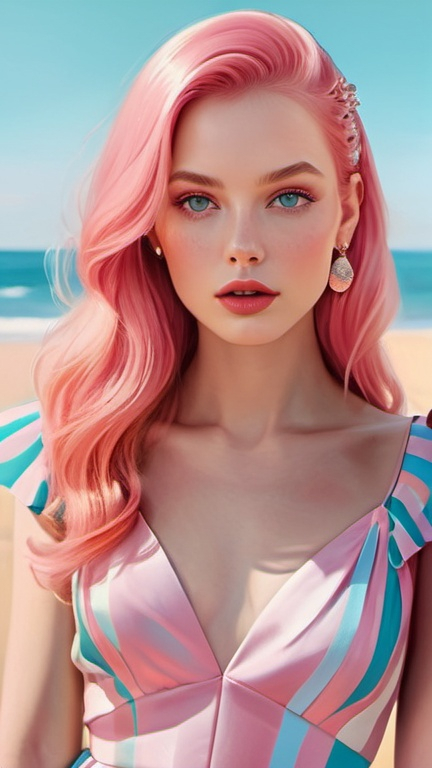 Prompt: captivating portrait, beautiful woman in a colorful dress on the beach, romantic chic minimalism, pop surrealism vibes, petite, Wes Anderson aesthetic, (true summer color palette), long shiny pink hair, pretty hypnotizing eyes, rosy cheeks, glistening skin, full plump lips, polished makeup, epic storytelling, high contrast, highly detailed, crisp, by Volegov by Razumov, lowbrow art