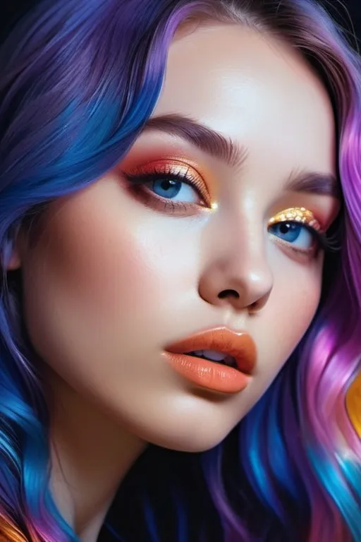 Prompt: stars in her eyes, surrealistic pop art, artistic pinterest aesthetic, fierce sensual goddess, magical surrealism, long shiny hair, rosy cheeks, glistening skin, plump lips, velvety lipstick, lilac blue pink cream orange gold bright vivid gradient colors, cinematic, focus on the eyes, high contrast, highly detailed, crisp,