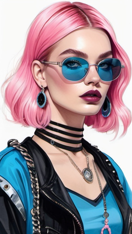 Prompt: professional fashion illustration portrait, dystopian streetwear boho outfit, grunge rococo meets classic glam, long hair bob, feminine, black pink and blue