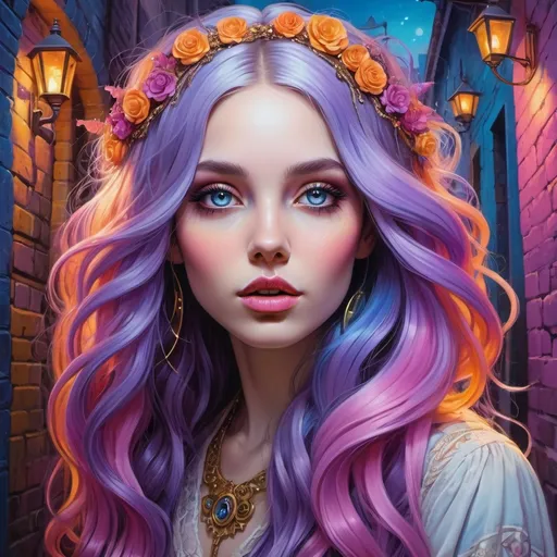 Prompt: captivating portrait, peculiar woman in a dark alley, electric boho glam, lilac blue pink cream orange gold bright vivid gradient colors, petite, lovecraftian, burtonesque, pop surrealism, long luscious shiny hair, hypnotizing eyes, rosy cheeks, pale glistening skin, full lips, high contrast, highly detailed, crisp, epic storytelling, fantasy