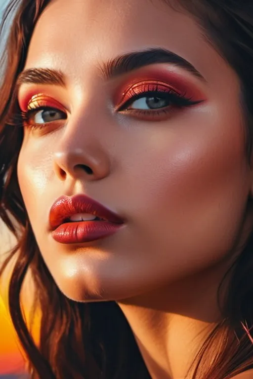 Prompt: sunset in her eyes, surrealistic pop art, artistic pinterest aesthetic, fierce sensual goddess, magical surrealism, long shiny hair, rosy cheeks, glistening skin, plump lips, velvety lipstick, bright vivid gradient colors, cinematic, focus on the eyes, high contrast, highly detailed, crisp,