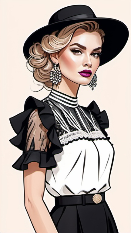 Prompt: professional fashion illustration portrait, feminine streetwear boho outfit, 40s punk meets classy glam, sophisticated, captivating dynamic silhouette, contrasting cool colors, ruffles, lace, puff sleeves, 