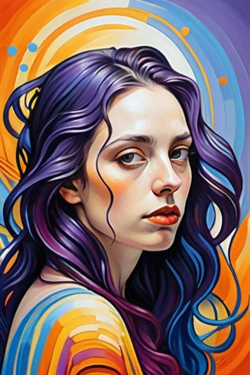 Prompt: beautiful evocative metamodernist portrait painting, beautiful youthful woman feels confident and fierce, fresh, emotional, authentic, genuine, emotional realism meets expressionism, academic classicism meets surrealism, long hair, hypnotizing eyes, new sincerity, tenderness, sensuality, color splash, color layering, polka dots and stripes, lilac blue fuchsia white orange gold bright vivid gradient colors, cool color undertones, elegant design, intricate details, high contrast, crisp, by Tim Burton and by Oleksandr Balbyshev and by Vincent van Gogh, 