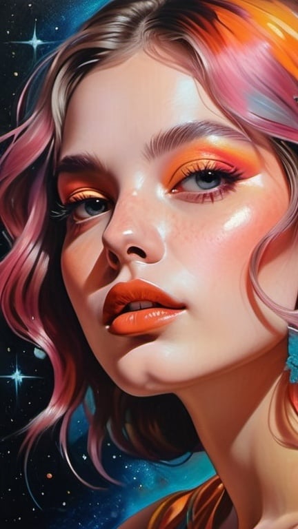 Prompt: painting, 70s glam, magical surrealism, pinterest aesthetic, beautiful woman, rosy cheeks, glistening skin, plump lips, artsy makeup, fresh, cosmic, romantic academia, visual delirium, magical realism, bright vivid gradient colors, dream-like, allegorical, half body portrait, intricate details, realistic, high contrast, highly detailed, crisp,