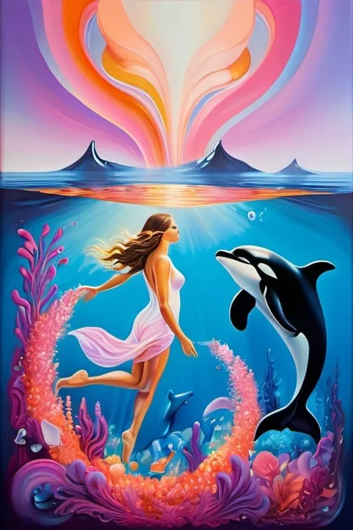 Prompt: contemporary masterpiece, visually striking evocative metamodernist painting depicting a visceral scene of a beautiful woman with bright eyes and rosy cheeks diving among the orcas, fresh, tenderness, new sincerity, emotional realism meets surrealism meets impressionism meets dynamism meets minimalism, authentic, realistic colors, color layering, lilac blue fuchsia orange gold bright vivid gradient colors, atmospheric perspective, iridescent, translucent, glitter, organic shapes, elegant design, uplifting mood, subtle details, ethereal lighting, unique composition, artistically blurred edges, fine art quality, 