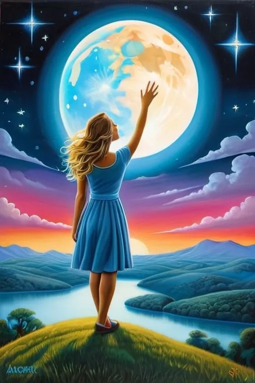 Prompt: masterpiece painting, "Who says you cannot hold the moon in your hand?
Tonight when the stars come out and the moon rises in the velvet sky, look outside your window, then raise your hand and position your fingers around the disk of light.", dreamlike, atmospheric perspective, organic, magical surrealism, magical realism, elegant design, soft, crisp, detailed, glossy, glowing, allegorical, bright vivid gradient colors, 