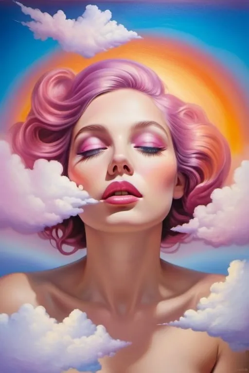 Prompt: contemporary masterpiece, visually striking evocative metamodernist painting depicting a visceral scene of a beautiful woman with bright eyes and rosy cheeks sitting on the cloud, tenderness, new sincerity, emotional realism meets surrealism meets impressionism meets dynamism meets minimalism, authentic, realistic colors, color layering, lilac blue fuchsia orange gold bright vivid gradient colors, atmospheric perspective, iridescent, translucent, glitter, organic shapes, elegant design, uplifting mood, subtle details, ethereal lighting, unique composition, artistically blurred edges, fine art quality, 