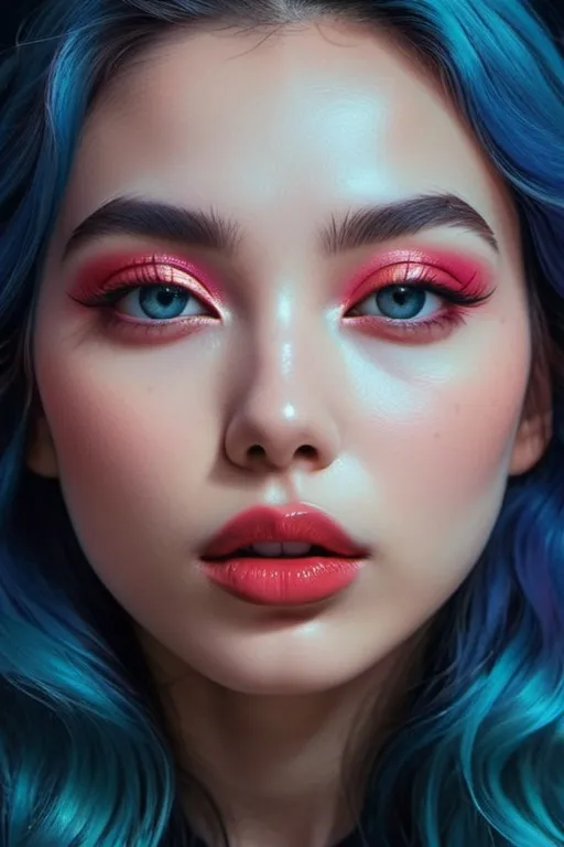 Prompt: moon in her eyes, surrealistic pop art, artistic pinterest aesthetic, fierce sensual goddess, magical surrealism, long shiny hair, rosy cheeks, glistening skin, plump lips, velvety lipstick, bright vivid gradient colors, cinematic, focus on the eyes, high contrast, highly detailed, crisp,