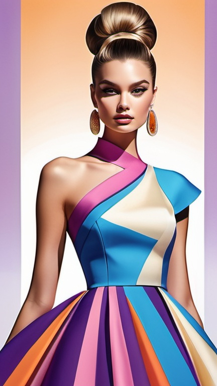 Prompt: professional fashion illustration, contemporary utopian designer, elegant A-line dress with stylized graphic design, hair bun, voguish realism, lilac blue pink cream orange gold bright clear gradient colors, cinematic, vivid, vibrant, atmospheric perspective, high contrast, highly detailed, crisp, playful contrasting background,