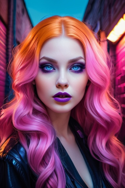 Prompt: captivating portrait, peculiar woman in the dark alley, lovecraftian, burtonesque, electric boho glam, long luscious shiny hair, hypnotizing eyes, rosy cheeks, glistening skin, glossy plump lips, pop surrealism, supernatural mood, high contrast, highly detailed, crisp, epic storytelling, fantasy, blues and pinks and purples and orange