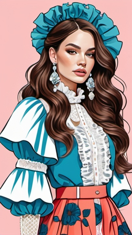 Prompt: professional fashion illustration portrait, feminine streetwear boho outfit, grunge rococo meets classic glam, refined, bright vivid contrasting colors, long hair, ruffles, lace, puff sleeves, captivating silhouette