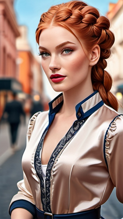 Prompt: professional portrait, classy voguish woman in a casual chic dress on the street, urban chic rococo, long ginger hair braids, hypnotizing eyes, rosy cheeks, glistening skin, glossy plump lips, polished makeup, fantastic realism, epic storytelling, fashion illustration, streetwear, high contrast, highly detailed, crisp, 