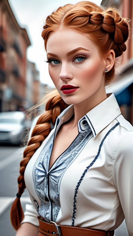 Prompt: professional portrait, classy voguish woman in a casual chic dress on the street, urban chic rococo, long ginger hair braids, hypnotizing eyes, rosy cheeks, glistening skin, glossy plump lips, polished makeup, fantastic realism, epic storytelling, fashion illustration, streetwear, high contrast, highly detailed, crisp, 