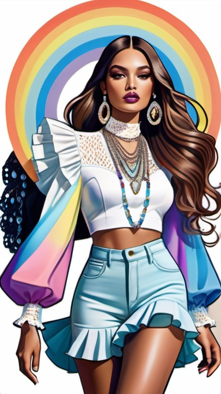 Prompt: fashion illustration, utopian streetwear boho outfit, cosmic 80s meets classy glam, opulent jewelry, sophisticated, long hair, captivating dynamic composition, ruffles, lace, puff sleeves, pastel rainbow colors, Parisian aesthetic