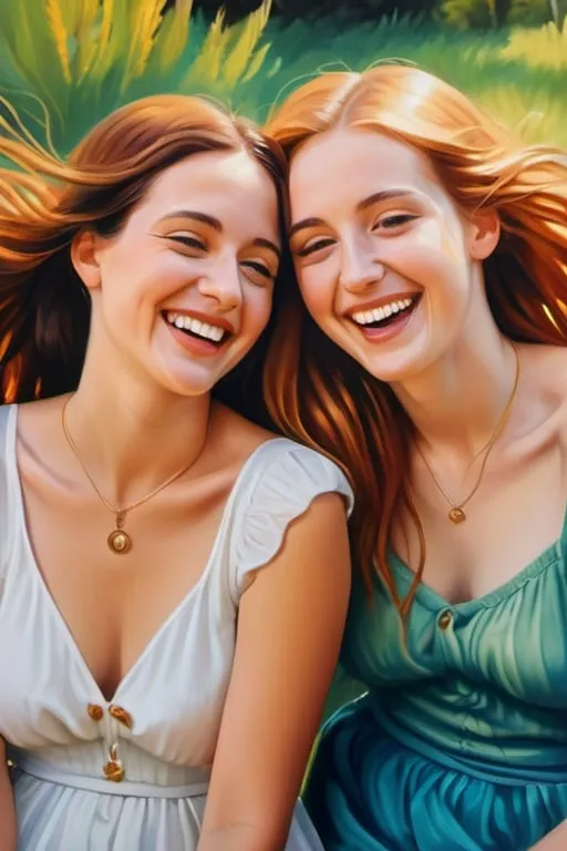 Prompt: friends smiling and laughing, natural beauty, free-spirited, emotional, authentic, genuine, candid, evocative, surrealistic aesthetic painting, lifestyle capture, oil painting, magical realism, bright vivid gradient colors, elegant design, intricate details, realistic, high contrast, crisp, pre-raphaelitism influence, 