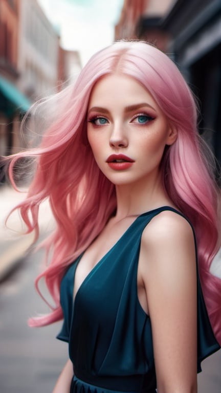 Prompt: captivating portrait, beautiful woman in a flowing dress on the street, elegant chic minimalism, pop surrealism, petite, burtonesque, long shiny pink hair, pretty eyes, rosy cheeks, glistening skin, full plump lips, epic storytelling, fantasy, high contrast, highly detailed, crisp, 