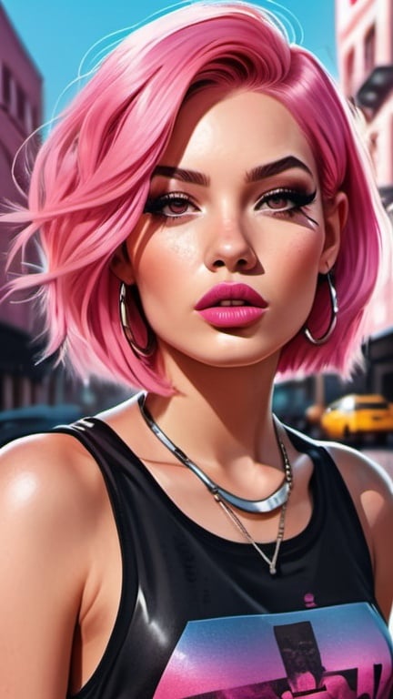 Prompt: professional fashion illustration portrait, attractive woman in an edgy dress on the street, dystopian streetwear style outfit, pink hair bob, hypnotizing brown eyes, grunge meets glam makeup, rosy cheeks, glistening skin, plump lips, fantastic realism, epic storytelling, bright vivid gradient colors, high contrast, highly detailed, crisp, 