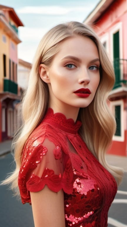 Prompt: professional portrait, attractive voguish woman in a red silk sequin and lace dress on the streets of picturesque coastal town, romantic chic minimalism, Wes Anderson aesthetic, long shiny blonde hair, pretty hypnotizing eyes, rosy cheeks, glistening skin, glossy plump lips, polished makeup, surrealistic realism, epic storytelling, high contrast, highly detailed, crisp, by Razumov, lowbrow art
