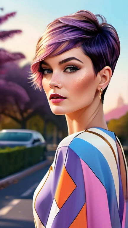 Prompt: professional fashion illustration portrait, glam designer dress with bold graphic print, pixie haircut, chiseled face, natural freckles, nose piercing, voguish, hyper-realism, lilac blue pink cream orange gold deep clear gradient colors, cinematic, atmospheric perspective, dynamic angle view, high contrast, highly detailed, crisp, park in the background