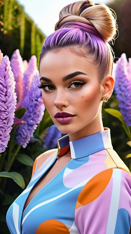 Prompt: professional fashion illustration portrait, glam designer bodycon dress with bold graphic print, hair buns, chiseled face, natural freckles, nose piercing, voguish, hyper-realism, lilac blue pink cream orange gold deep clear gradient colors, cinematic, atmospheric perspective, dynamic angle view, high contrast, highly detailed, crisp, garden in the background