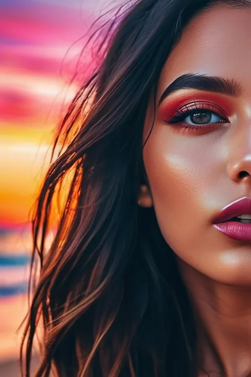 Prompt: sunset in her eyes, surrealistic pop art, artistic pinterest aesthetic, fierce sensual goddess, magical surrealism, long shiny hair, rosy cheeks, glistening skin, plump lips, velvety lipstick, bright vivid gradient colors, cinematic, focus on the eyes, high contrast, highly detailed, crisp,