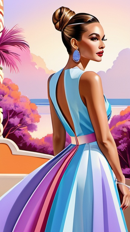 Prompt: professional fashion illustration portrait, contemporary utopian designer aesthetic, glam A-line dress with sophisticated stylized graphic design, hair bun, voguish realism, lilac blue pink cream orange gold deep clear gradient colors, cinematic, vivid, uplifting, vibrant, joy, atmospheric perspective, high contrast, highly detailed, crisp, soft art deco