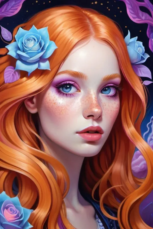 Prompt: captivating portrait, peculiar woman in the dark, electric boho glam, lilac blue pink cream orange gold bright vivid gradient colors, petite, lovecraftian, burtonesque, pop surrealism, long luscious ginger hair, hypnotizing eyes, rosy cheeks, freckled skin, plump lips, high contrast, highly detailed, crisp, epic storytelling, fantasy