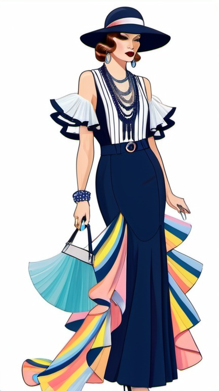 Prompt: fashion illustration, utopian streetwear boho outfit, flapper pinup meets classy glam, opulent jewelry, sophisticated, long hair, captivating dynamic composition, ruffles, lace, puff sleeves, pastel rainbow colors, navy stripes