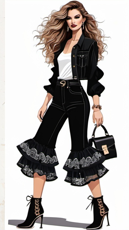 Prompt: fashion illustration, streetwear boho outfit, 80s rock meets classy glam, sophisticated, long hair, captivating dynamic silhouette, ruffles, lace, puff sleeves, focus on the clothes, 