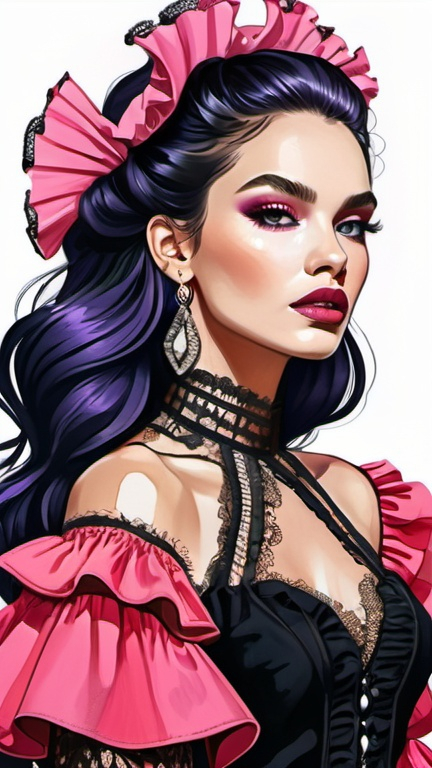 Prompt: professional fashion illustration portrait, streetwear boho outfit, grunge rococo meets classic glam, feminine, edgy, refined, bright vivid contrasting colors, long hair, ruffles, lace, puff sleeves, captivating silhouette