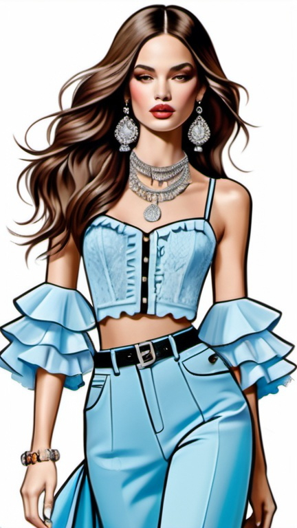 Prompt: fashion illustration, utopian streetwear boho outfit, Parisian grunge meets classy glam, Cartier jewelry, sophisticated, long luscious hair, captivating dynamic composition, ruffles, lace, puff sleeves, Oscar de la Renta, Dior, Chanel, pastel rainbow colors, 