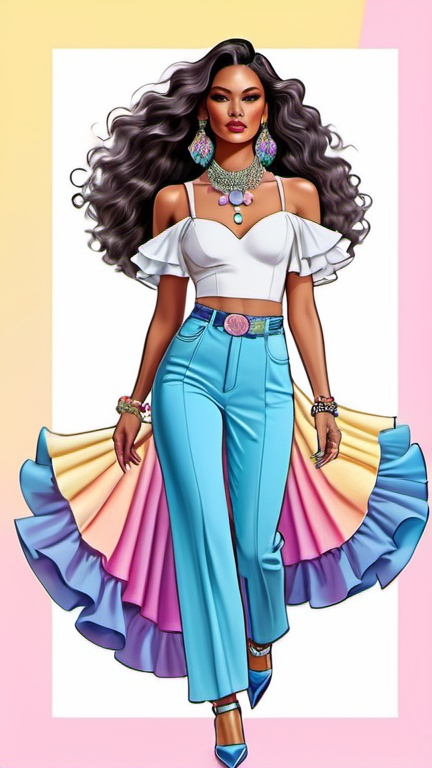 Prompt: fashion illustration, utopian streetwear boho outfit, cosmic 80s meets classy glam, opulent jewelry, sophisticated, long hair, captivating dynamic composition, ruffles, lace, puff sleeves, pastel rainbow colors, European