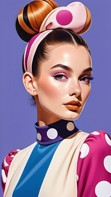 Prompt: professional fashion illustration portrait, contemporary utopian designer minimalism, short A-line dress with sophisticated stylized large polka dots, hair bun, voguish realism, lilac blue pink cream orange gold bright clear gradient colors, cinematic, vivid, pretty angelic face, uplifting, vibrant, joy, atmospheric perspective, high contrast, highly detailed, crisp, playful contrasting background,