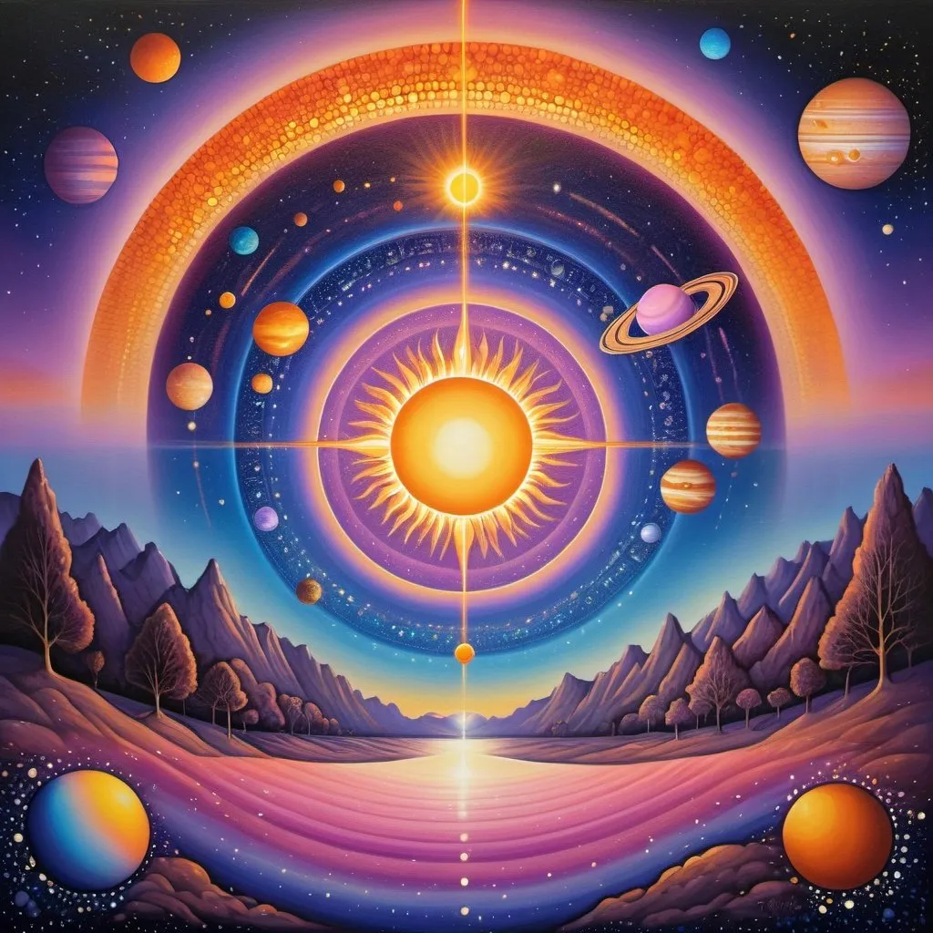 Prompt: Solar Symphony, imaginative pop surrealist painting depicting a simple clean awe inspiring scene of a mystically magical solar system, Sun in the center of the dark cosmic sky surrounded by magnificent planets, mellow mood, romantic, atmospheric perspective, sparkling, glowing, magic realism meets kinetic pointillism meets minimalism, lilac pink blue orange gold bright vivid gradient colors, iridescent, artistically blurred edges, focus on the sun