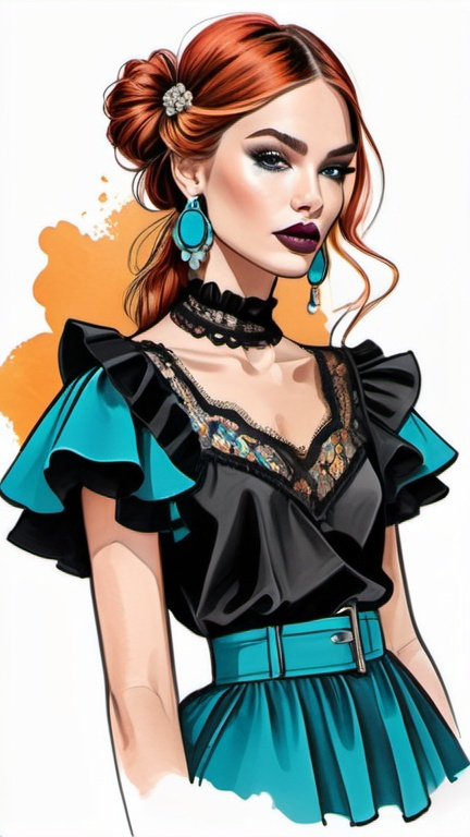 Prompt: professional fashion illustration portrait, streetwear boho outfit, grunge rococo meets classic glam, feminine, edgy, refined, bright vivid contrasting colors, ruffles, lace, puff sleeves