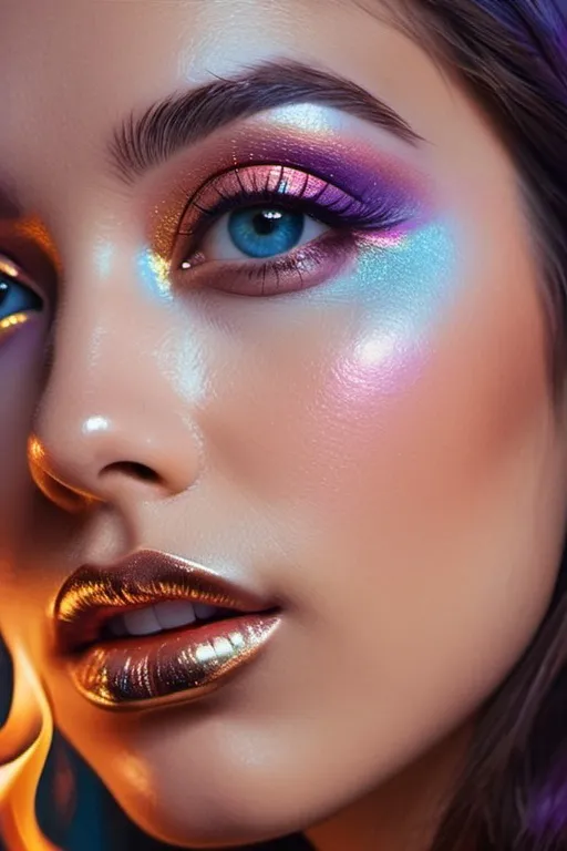 Prompt: fire in her eyes, surrealistic pop art, artistic pinterest aesthetic, fierce sensual goddess, petite, long shiny hair, rosy cheeks, glistening skin, plump lips, velvety lipstick, magical surrealism, lilac blue pink cream orange gold bright vivid gradient colors, cinematic, focus on the eyes, high contrast, highly detailed, crisp,