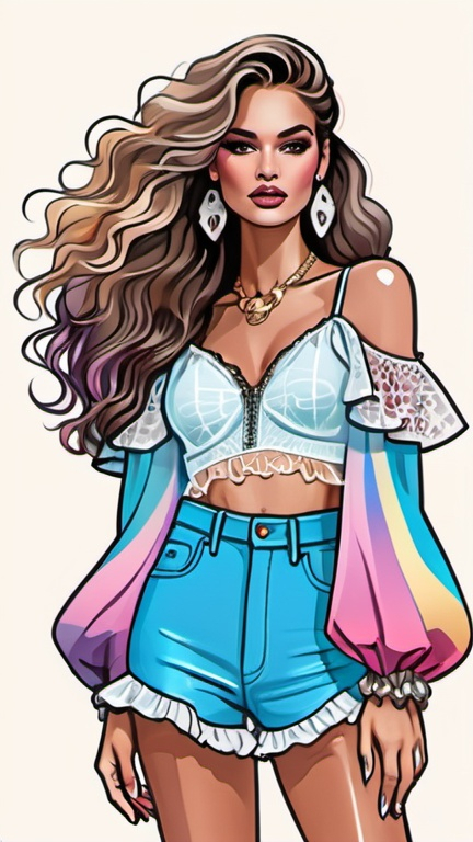 Prompt: fashion illustration, streetwear boho outfit, 80s rock meets classy glam, sophisticated, long hair, captivating dynamic silhouette, ruffles, lace, puff sleeves, focus on the clothes, pastel rainbow colors