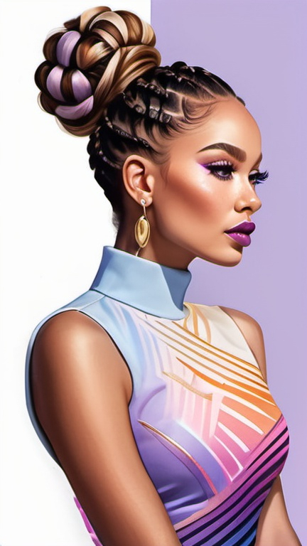 Prompt: professional fashion illustration portrait, contemporary designer aesthetic, glam bodycon dress with graphic patterns, hair buns, chiseled face, natural freckles, voguish, hyper-realism, lilac blue pink cream orange gold deep clear gradient colors, cinematic, vivid, atmospheric perspective, high contrast, highly detailed, crisp,