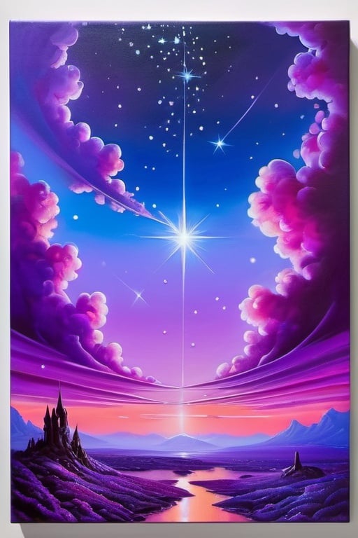 Prompt: masterpiece painting, "The sky is already purple; the first few stars have appeared, suddenly, as if someone had thrown a handful of silver across the edge of the world.", dreamlike, atmospheric perspective, organic, magical surrealism, magical realism, elegant design, soft, crisp, detailed, glossy, glowing, allegorical, bright vivid gradient colors, 