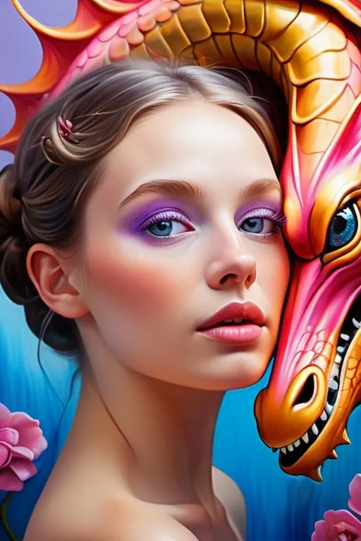 Prompt: contemporary masterpiece, visually striking evocative metamodernist painting depicting a visceral scene of a beautiful woman with bright eyes and rosy cheeks and a dragon, tenderness, new sincerity, emotional realism meets surrealism meets impressionism meets dynamism meets minimalism, authentic, realistic colors, color layering, lilac blue fuchsia orange gold bright vivid gradient colors, atmospheric perspective, iridescent, translucent, glitter, organic shapes, elegant design, uplifting mood, subtle details, ethereal lighting, unique composition, artistically blurred edges, fine art quality, 