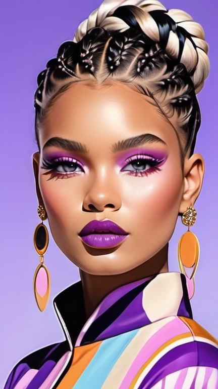 Prompt: professional fashion illustration portrait, contemporary utopian designer aesthetic, glam baby doll dress with stylized graphic design, hair buns and braids, voguish realism, lilac blue pink cream orange gold deep clear gradient colors, cinematic, atmospheric perspective, high contrast, highly detailed, crisp, refined pop art