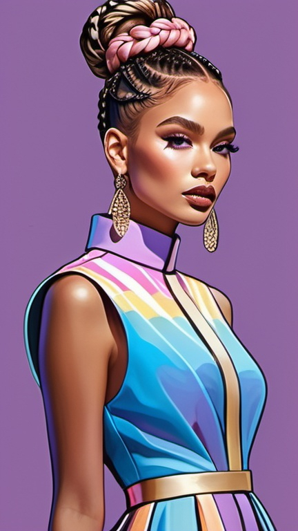 Prompt: professional fashion illustration portrait, contemporary utopian designer aesthetic, glam A-line dress with stylized graphic design, hair buns and braids, voguish realism, lilac blue pink cream orange gold deep clear gradient colors, cinematic, atmospheric perspective, high contrast, highly detailed, crisp, refined pop art