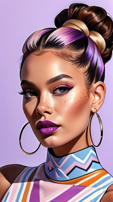 Prompt: professional fashion illustration portrait, contemporary designer aesthetic, glam bodycon dress with graphic patterns, hair buns, chiseled face, natural freckles, voguish, hyper-realism, lilac blue pink cream orange gold deep clear gradient colors, cinematic, vivid, atmospheric perspective, high contrast, highly detailed, crisp,