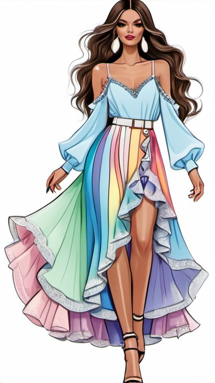 Prompt: fashion illustration, streetwear boho outfit, 20s rock meets classy glam, sophisticated, long hair, captivating dynamic silhouette, ruffles, lace, puff sleeves, pastel rainbow colors