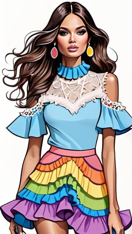 Prompt: fashion illustration, streetwear boho outfit, 60s rock meets classy glam, sophisticated, long hair, captivating dynamic silhouette, ruffles, lace, puff sleeves, pastel rainbow colors