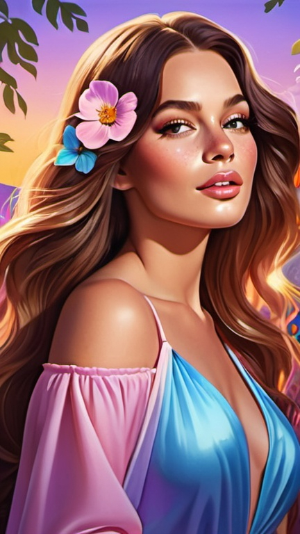 Prompt: album cover, illustration of beautiful folk singer posing, stunning dress, long shiny hair, hypnotizing eyes, rosy cheeks, glistening skin, natural freckles, glossy plump lips, dynamic sensual pose, fantastic realism, cinematic, lilac blue pink cream orange gold bright vivid gradient colors, high contrast, highly detailed, crisp,