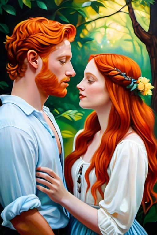 Prompt: romantic friends, natural ginger beauty, free-spirited, emotional, authentic, genuine, candid, evocative, surrealistic aesthetic painting, lifestyle capture, oil painting, magical realism, bright vivid gradient colors, elegant design, intricate details, realistic, high contrast, crisp, pre-raphaelitism influence, 