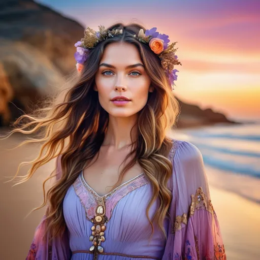 Prompt: hyper-realistic portrait, cinematic film still, beautiful woman in a boho-rococo dress, on the beach, pretty eyes, glistening skin, plump lips, long hair, petite, lilac blue orange cream pink gold bright vivid vibrant gradient colors, uplifting mood, fantastic realism, crisp, epic,