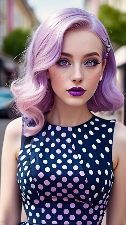 Prompt: captivating portrait, beautiful woman in a playful polka dot dress on the street, elegant electric chic minimalism, pop surrealism, petite, burtonesque, (true summer color palette), long shiny lilac hair, pretty hypnotizing eyes, rosy cheeks, glistening skin, full plump lips, polished makeup, epic storytelling, fantasy, high contrast, highly detailed, crisp, 